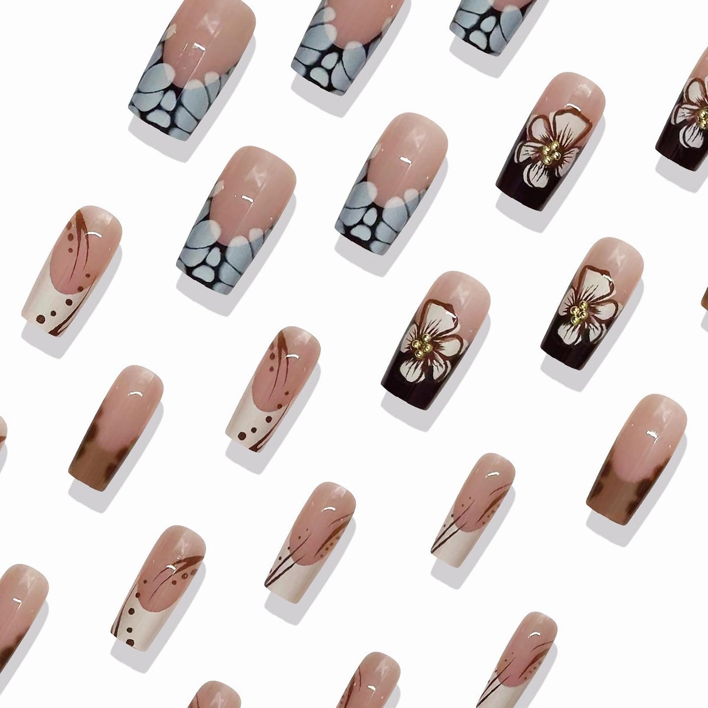 MISUD Press on Nails - Long Square Fake Nails with Fall Brown, Acrylic Autumn Flower Design 24 pcs