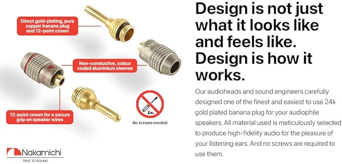 Nakamichi FanLock Excel Series 24k Gold Plated Banana Plugs 10 AWG - 18 AWG Gauge Size 4mm for Speakers Amplifier Hi-Fi Stereo Home Theatre Radio Audio Wire Cable Quick Connector 2 Pcs (1-Pair)