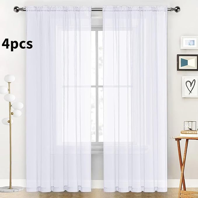 SpaceDresser Optical White Sheer Curtains 4 Panels Rod Pocket Semi-Sheer Curtain 54 Inches Long Light Filtering Voile Window Drapes for Bedroom Living Room Kitchen, Each 52W x54L