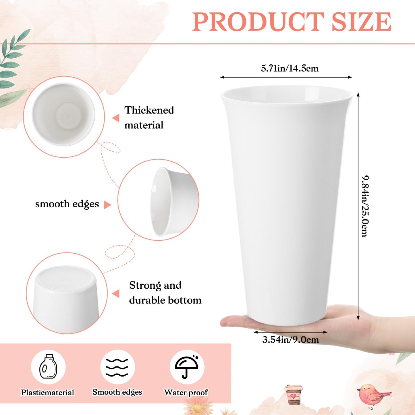 Ninehaoou 16 Pack Flower Buckets 9.84 Inch Plastic Flower Vases Modern Round Vases for Centerpieces Floral Display Decorative Buckets for Table Home Wedding Decorations (Pure White)