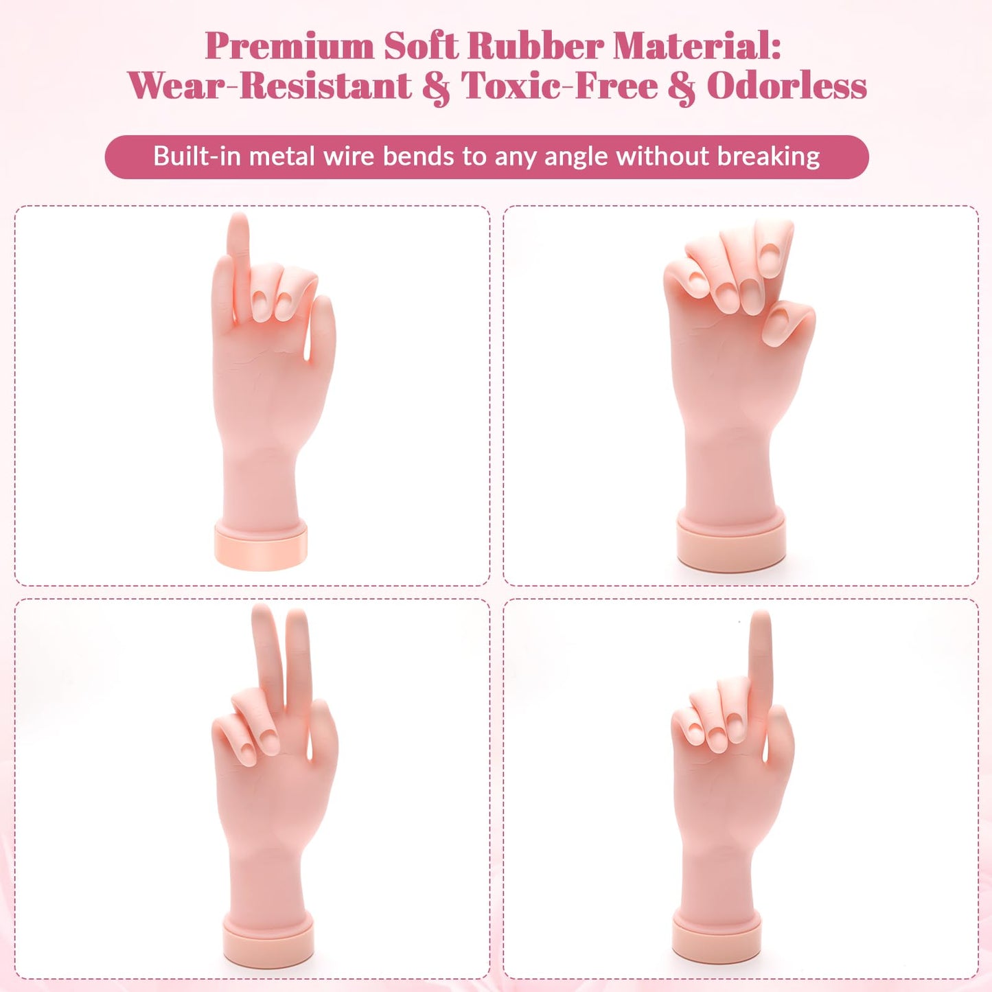 Solaradgy Practice Hand for Acrylic Nails Flexible Bending Nail Practice Hand Training Fake Hand Nail Hand Practice Tools with 100PCS Nail Tips, 120PCS Jelly Double Sided Nail Adhesives and 9PCS Brush