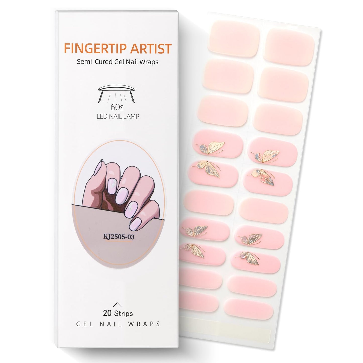 Semi Cured Gel Nail Strips with Butterfly Designs Gel Nail Stickers Glitter Full Cover Nails Wraps Need UV/LED Light with 2 Prep Pads 1Wooen Stick 1Nail File for Women 20Pcs