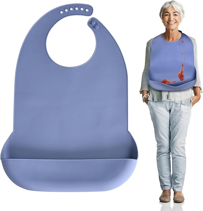 Adult Bibs for Men, Women, Elderly- Silicone Adult Bibs for Eating - Washable Bib with Crumb Catcher (Blue)