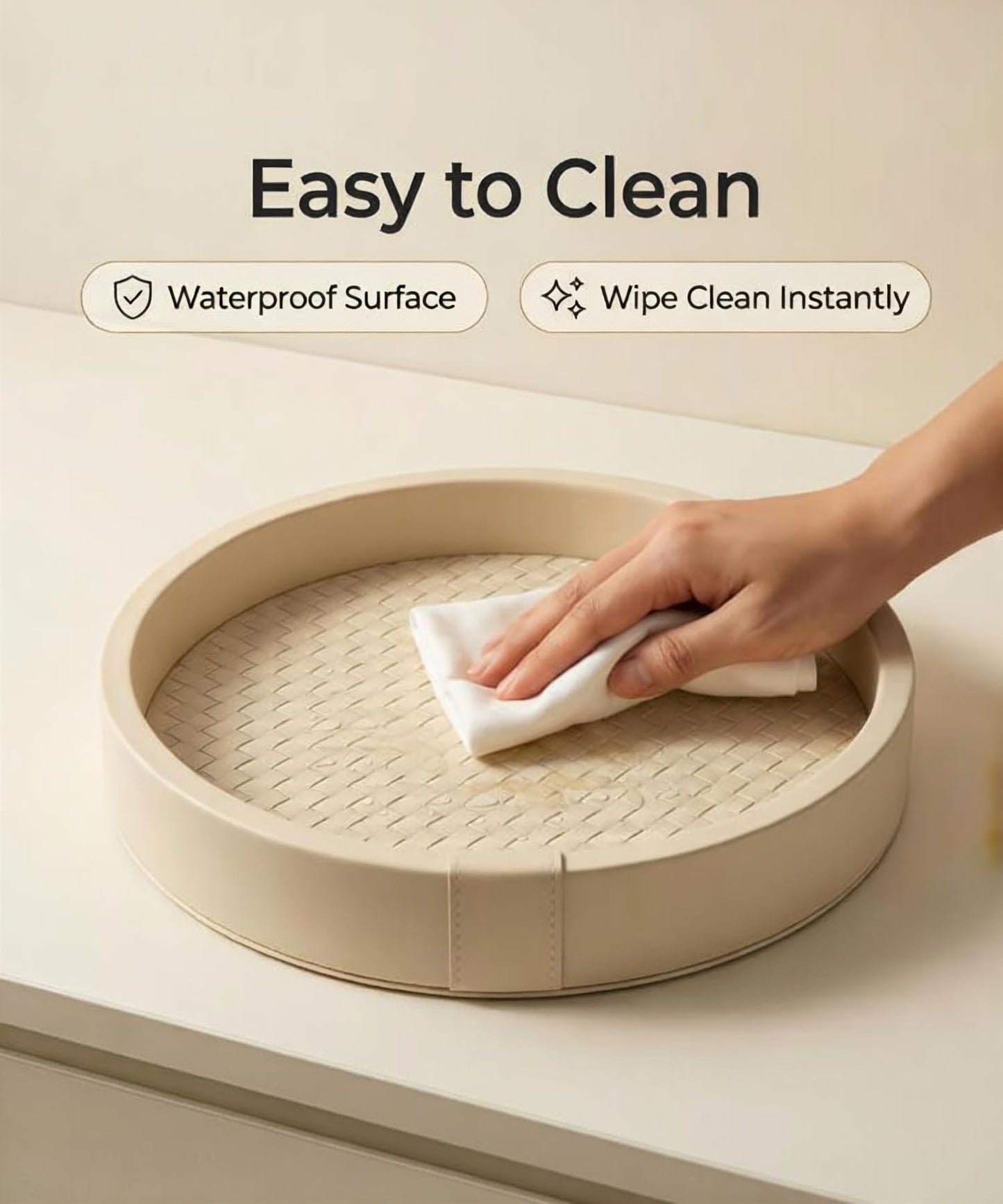 DEYIMAN Woven Leather Vanity Tray - 10 Inch Round Nightstand Organizer for Perfume & Jewelry, Beige
