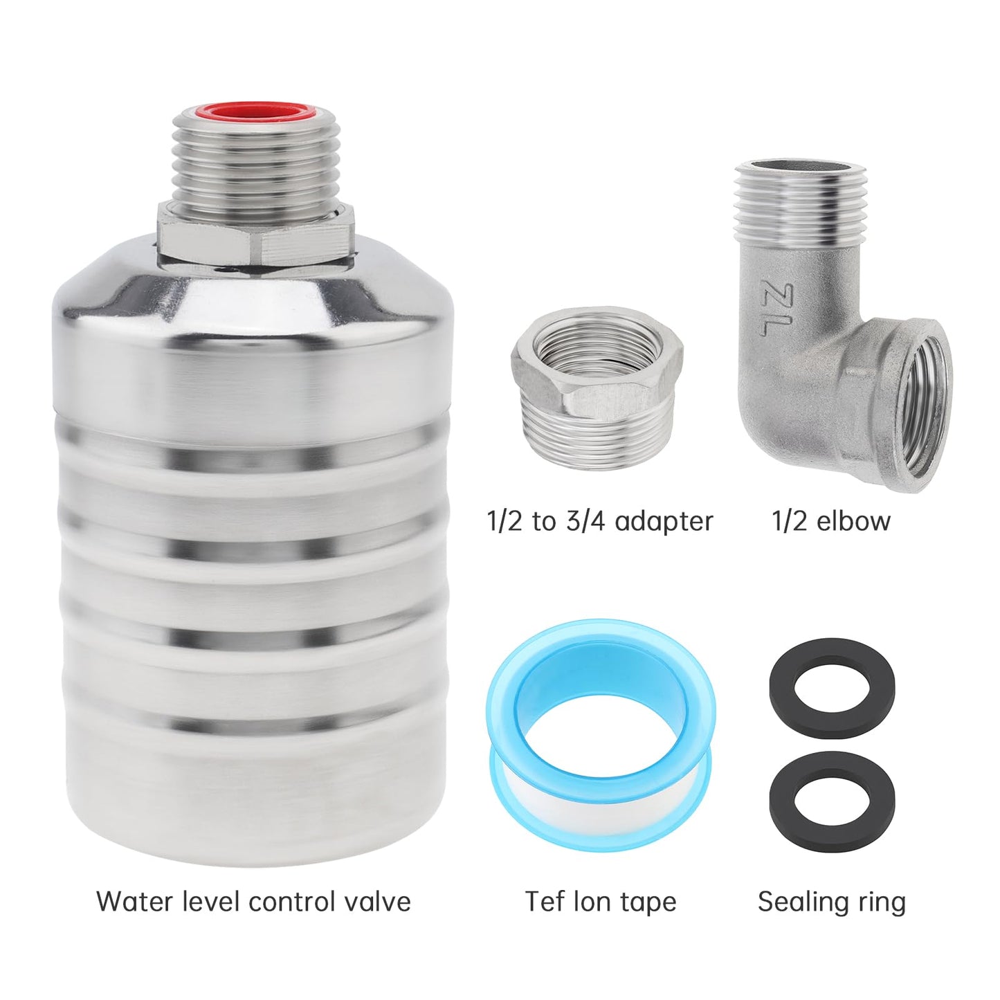 Float Valve, 304 Stainless Steel 1/2inch to 3/4inch Auto Fill Shut Off Water Float Valves Fully Automatic Water Level Control for Water Tank, Pool, Tower, Livestock Troughs