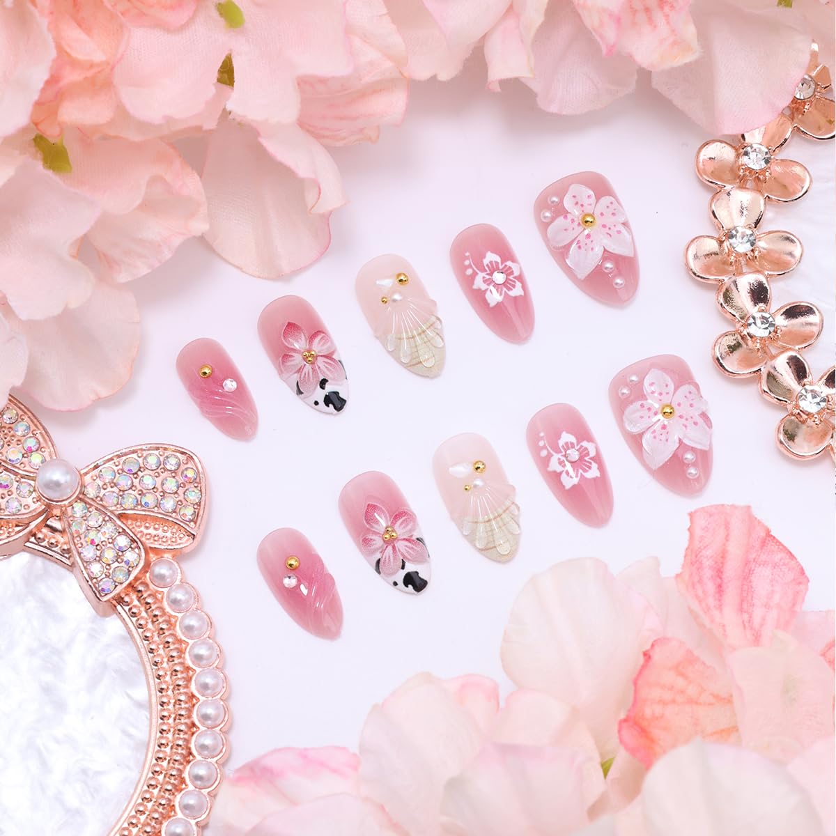 30Pcs Pink Flower Press on Nails Medium Almond 3D Cherry Blossom Fake Nails with Pearls & Rhinestones Spring Cute False Nails Reusable Glossy Glue On Nails Set for for Women Acrylic Nail Decorations
