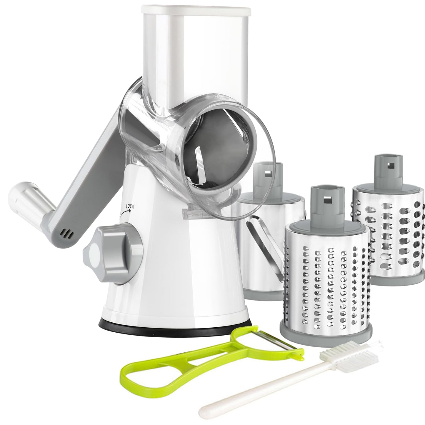 Ourokhome Rotary Cheese Grater Hand Crank, Kitchen Shredder Speed Mandolin Slicer Nuts Grinder with Handle and Drum Blades for Cheese, Vegetable, Walnuts, Chocolate, Potato, Carrot, 3 Blades, White
