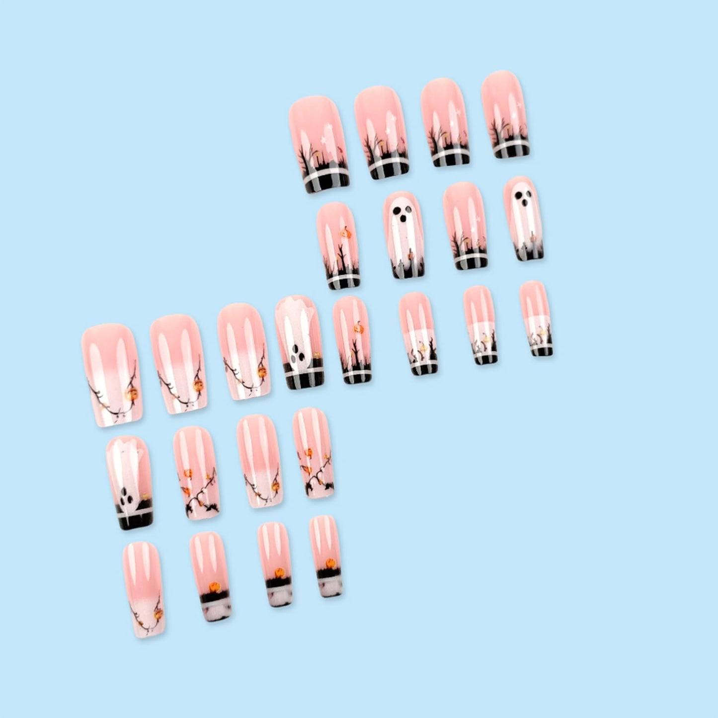 24Pcs Halloween Ghost Press on Nails Short Square Fake Nails with Glitter Pumpkin Designs False Nails Black Forest French Artificial Acrylic Stick on Nails for Women Halloween Medium Decoration