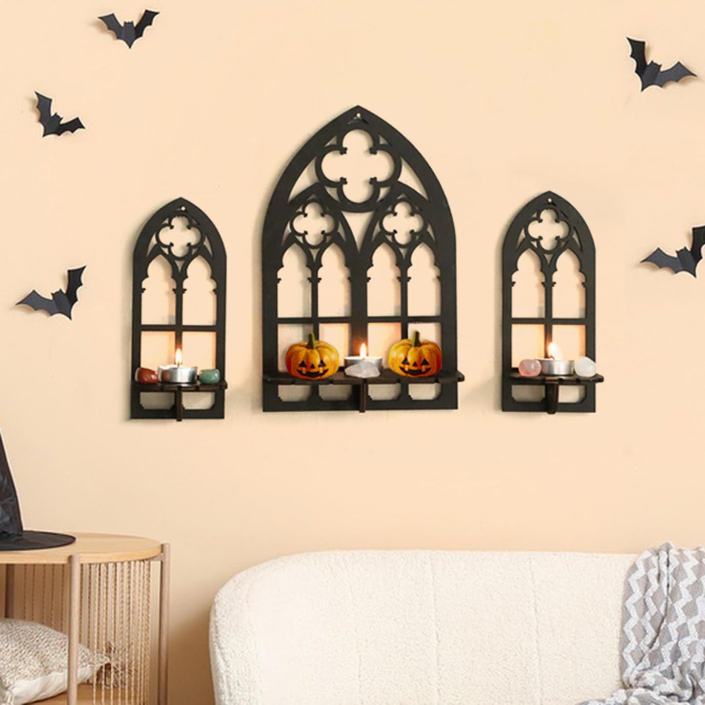 Artilady Crystal Display Shelf - 3 PCS Cute Window Shaped Floating Shelves for Wall Bedroom, Black Witchy Room Decor, Gothic Halloween Wall Decor for Home