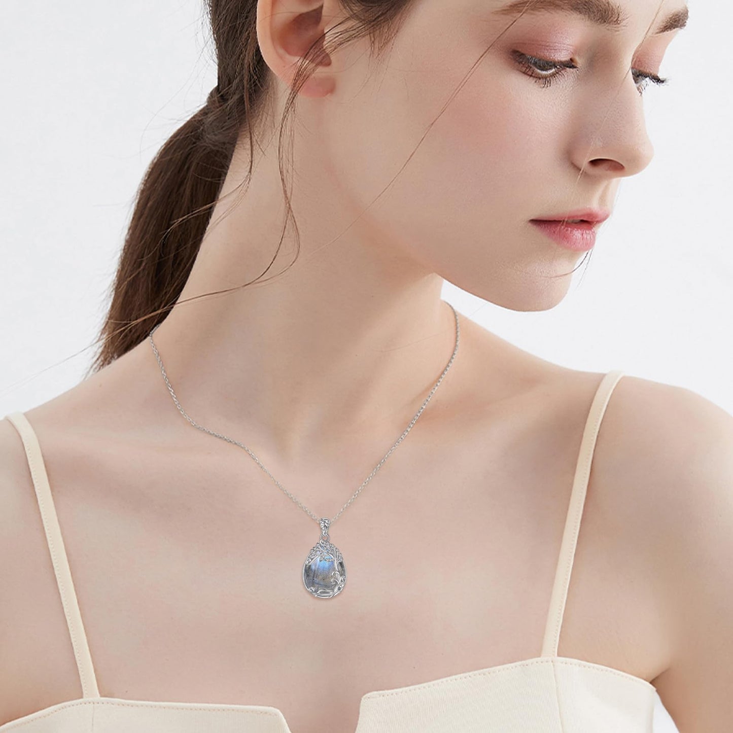 YAFEINI Sterling Silver Labradorite Tree of Life Teardrop Pendant Necklace