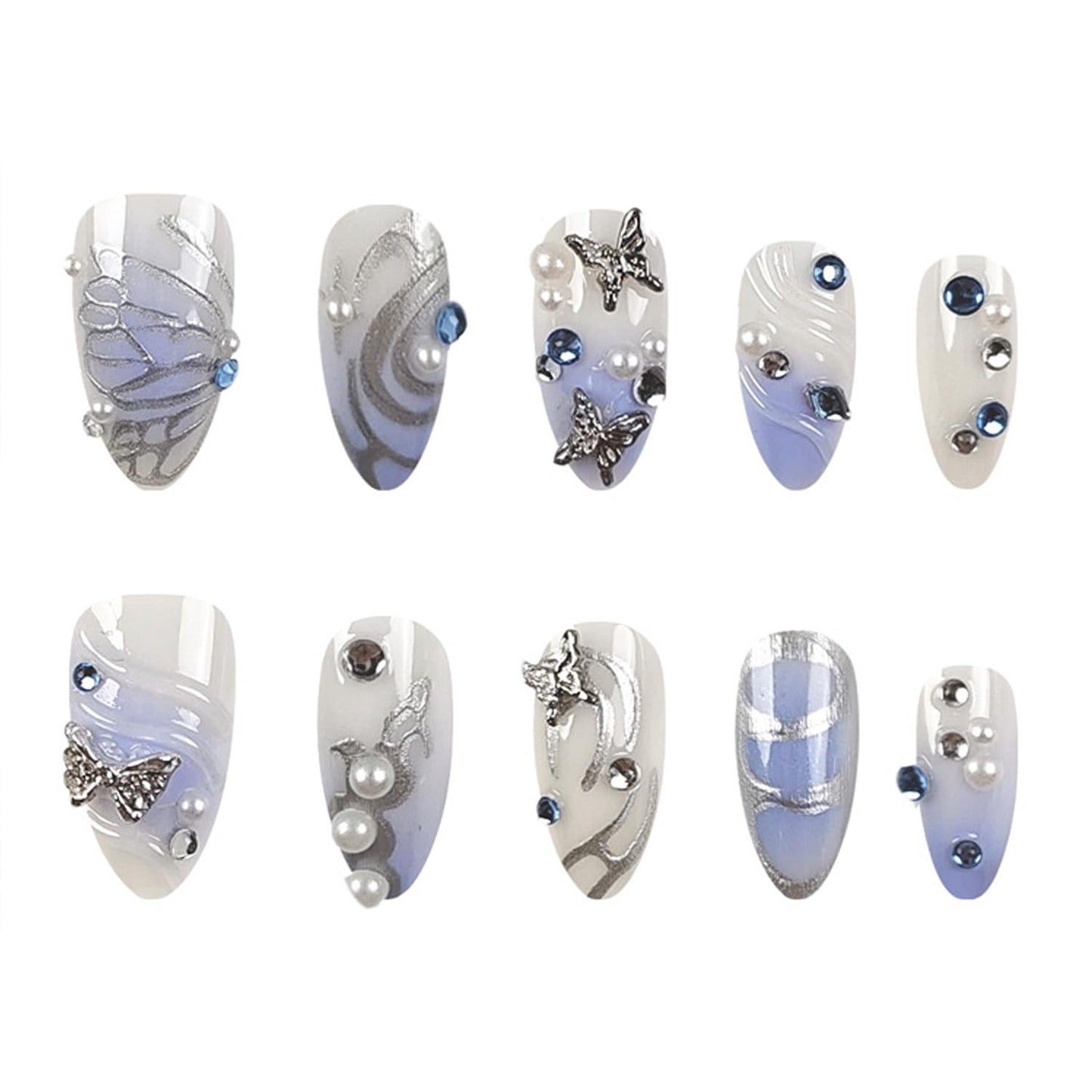 24Pcs French Tip Press on Nails Medium Almond Fake Nail with 3D Ripple Silver Irregular Stripe Pearl Design Cute Butterfly False Nail Light Color Full Cover Artificial Handmade Stick on Nail for Women