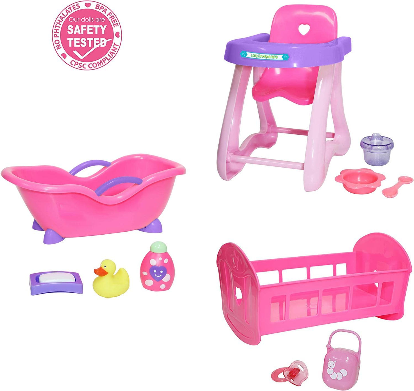 JC Toys Deluxe Doll Accessory Bundle | High Chair, Crib, Bath and Extra Accessories for Dolls up to 11" | Fits 11" La Baby & Other Similar Sized Dolls, Pink (81453)