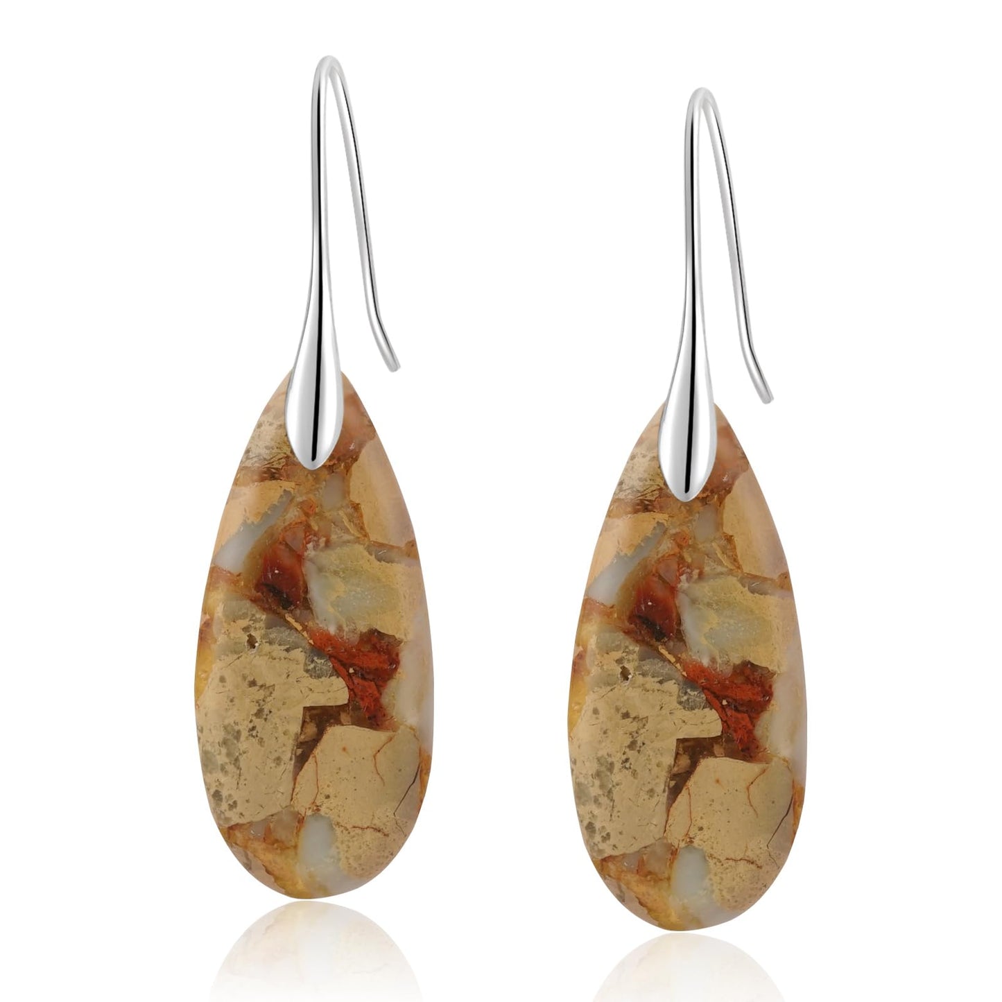 Sriomu Natural Healing Stone Fishhoop Dangle Drop Earrings Statement Gold silver earrings (Camel -Silver Hook)