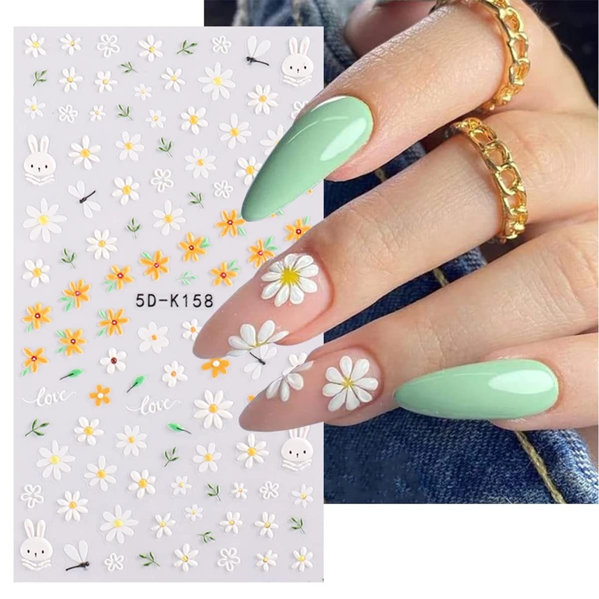 5D Embossed Flower Nail Art Stickers, 6 Sheets Self-Adhesive Nail Sticker Decals,Luxury Hollow Exquisite Pattern Spring Daisy Leaf Butterfly Lace Carving Design for Salon Home Acrylic Nail Decoration
