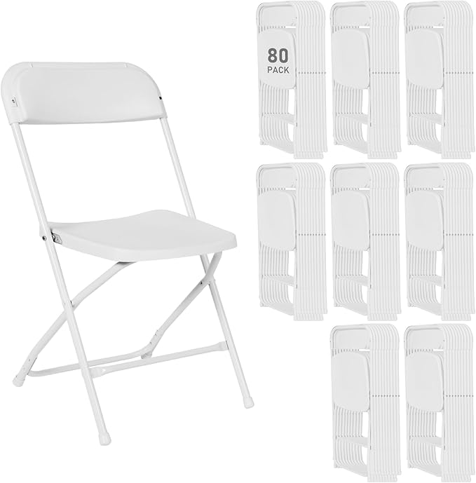 80 Pack Plastic White Folding Chairs, Portable Stackable Commercial Party Folding Chairs with Steel Frame 350lbs for Home Office Outdoor Indoor Office Wedding Party Event