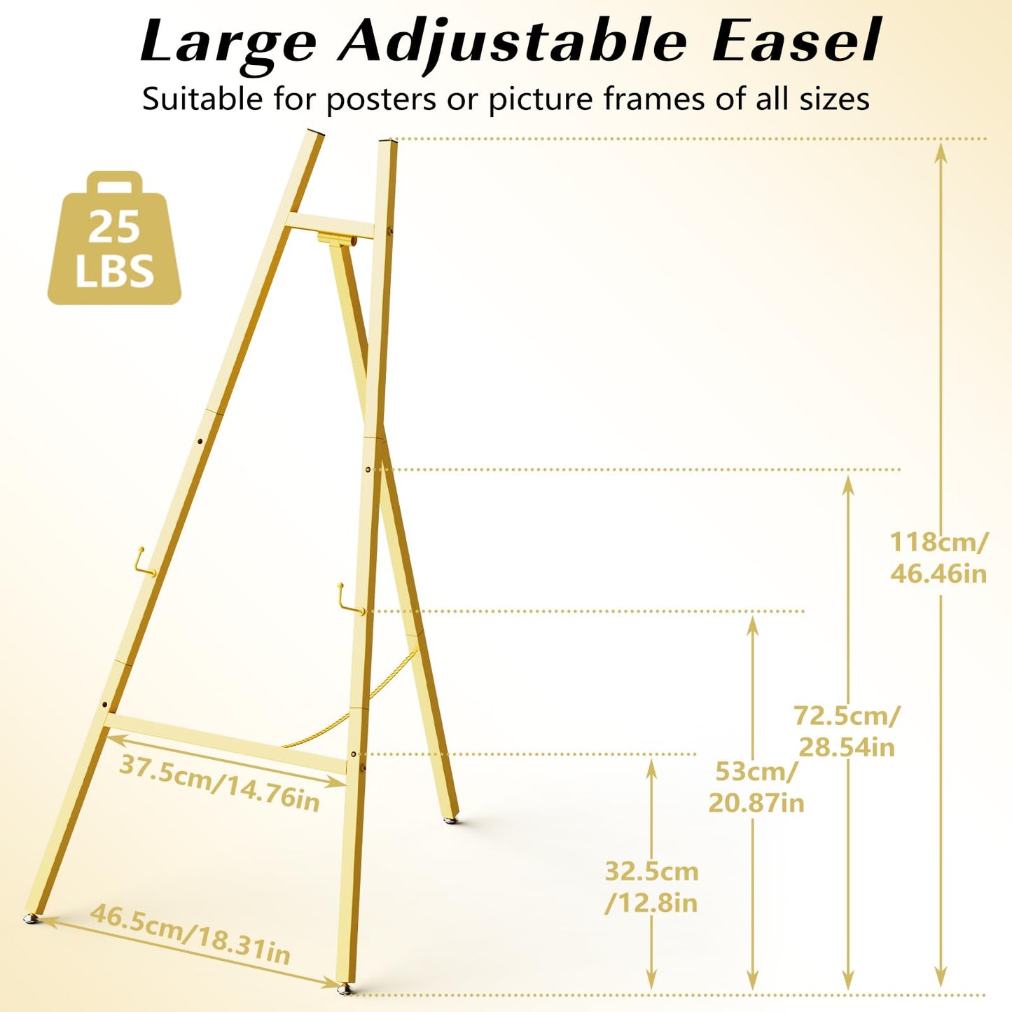 Gold Easel Stand for Sign, Heavy Duty Metal Display Easel with Adjustable Chain, Art Easel for Painting, Wedding Sign, Posters & Commercial Display