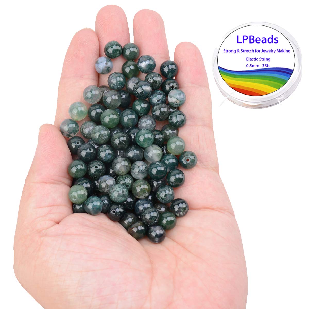 LPBeads 100PCS 8mm Natural Moss Agate Beads Gemstone Round Loose Beads for Jewelry Making with Crystal Stretch Cord