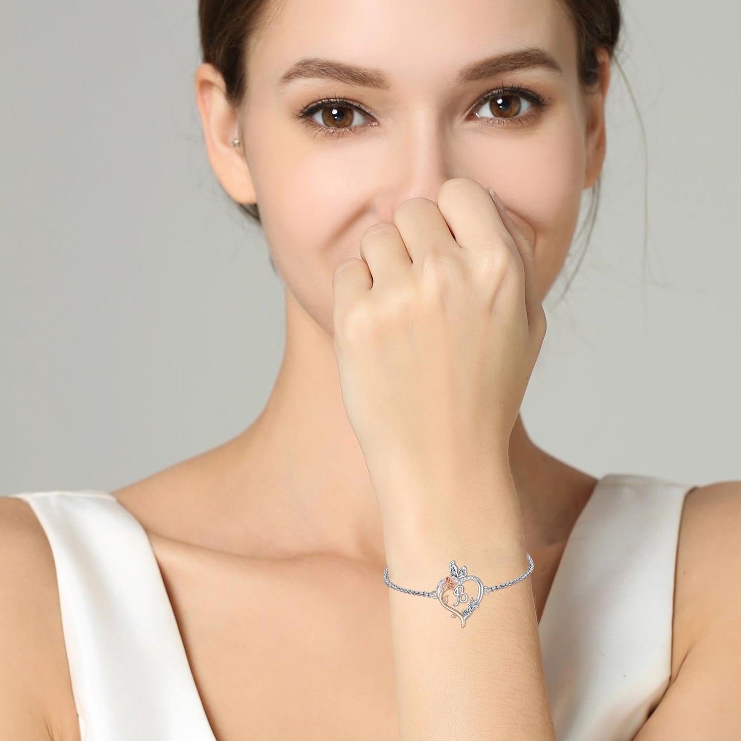 TOUPOP Rose Heart Bracelet for Women Sterling Silver Heart Initial B Letter Bracelet Butterfly Love Jewelry Anniversary Birthday Mothers Day Gifts for Mom Wife Her Girlfriend