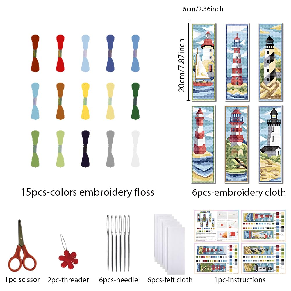FREEBLOSS 6 Set Bookmark Cross Stitch Kits Cross Stitch Bookmark Kit with Instructions Lighthouse Scenery Pattern Embroidery Kit for Beginners Bookmarks Making Kit for Gift