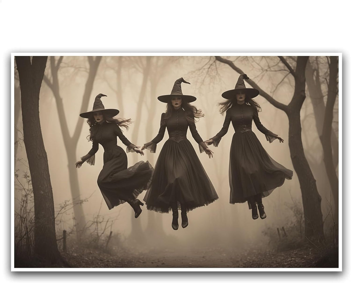 JFHCQJPK Three ghost witches flying in vintage forest gothic wall art witchcraft decoration holiday gift canvas wall art print28x40in Frameless
