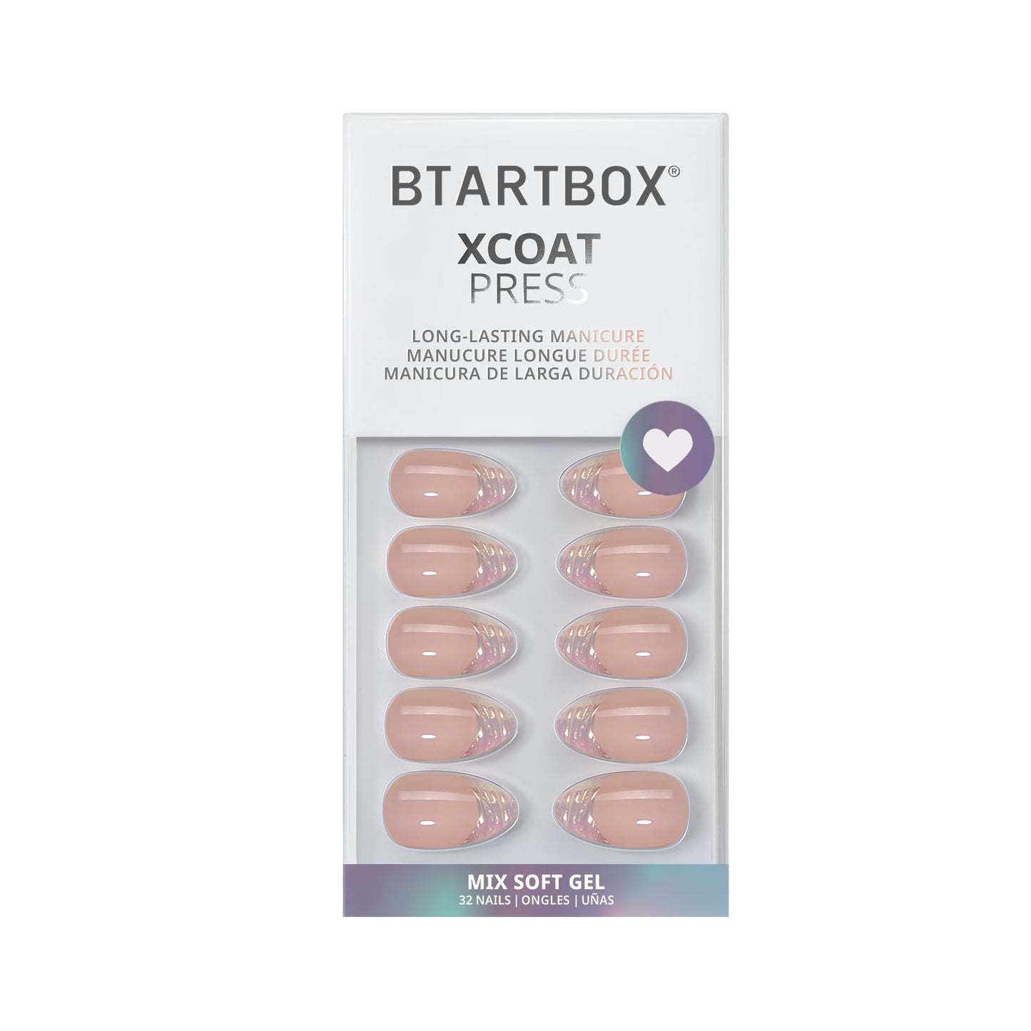 BTArtbox Short Almond Press On Nails - Aurora French Tip, Spring Glue On for Gifts, Natural Stick On in 16 Sizes - 32 Fake Nails Kit, Athena