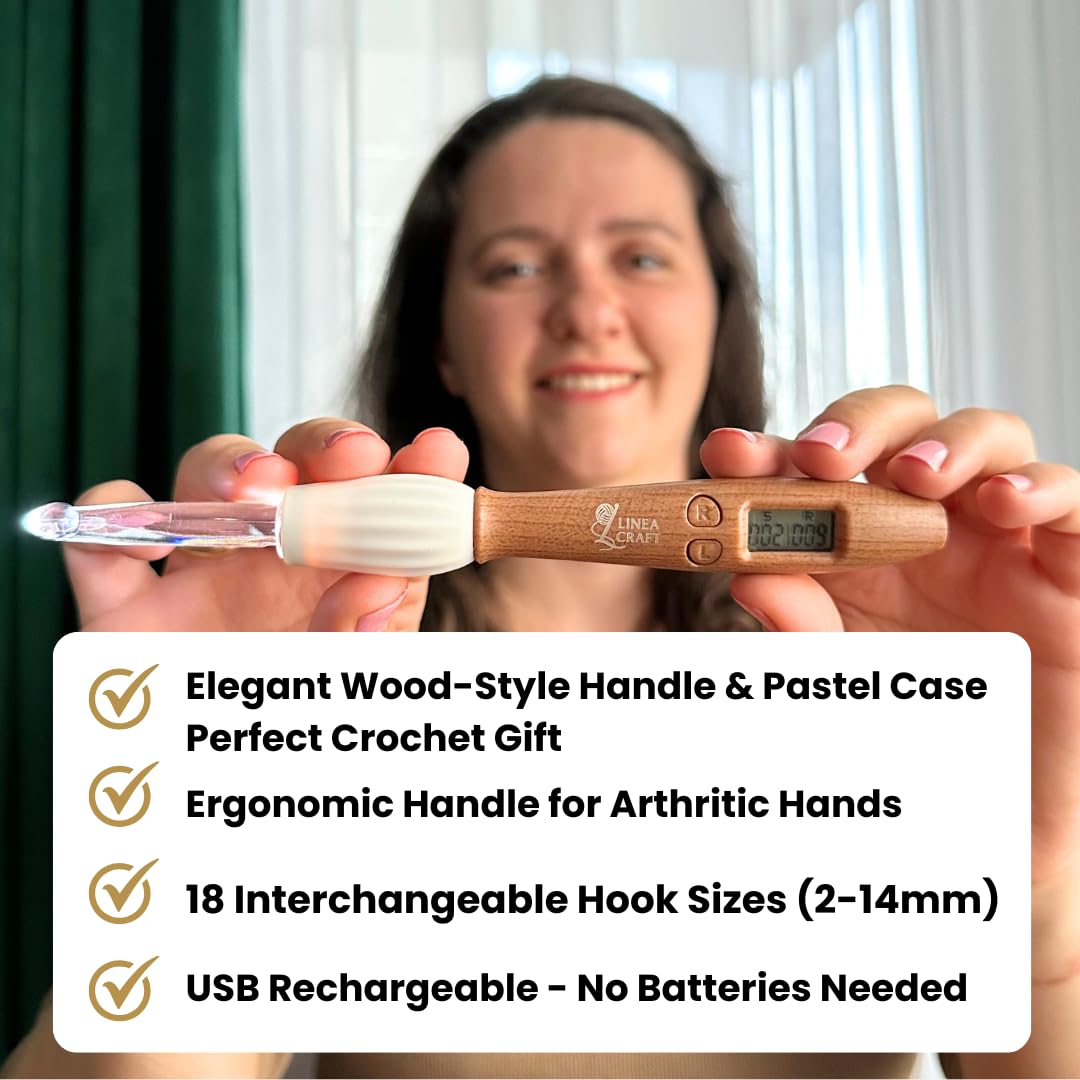 LineaCraft Counting Crochet Hook Set with Light & Counter – 18 Sizes Interchangeable Hooks Kit for Beginners, Light up, Digital Stitch & Row Counter, Ergonomic for Arthritic Hands – Crochet Gift