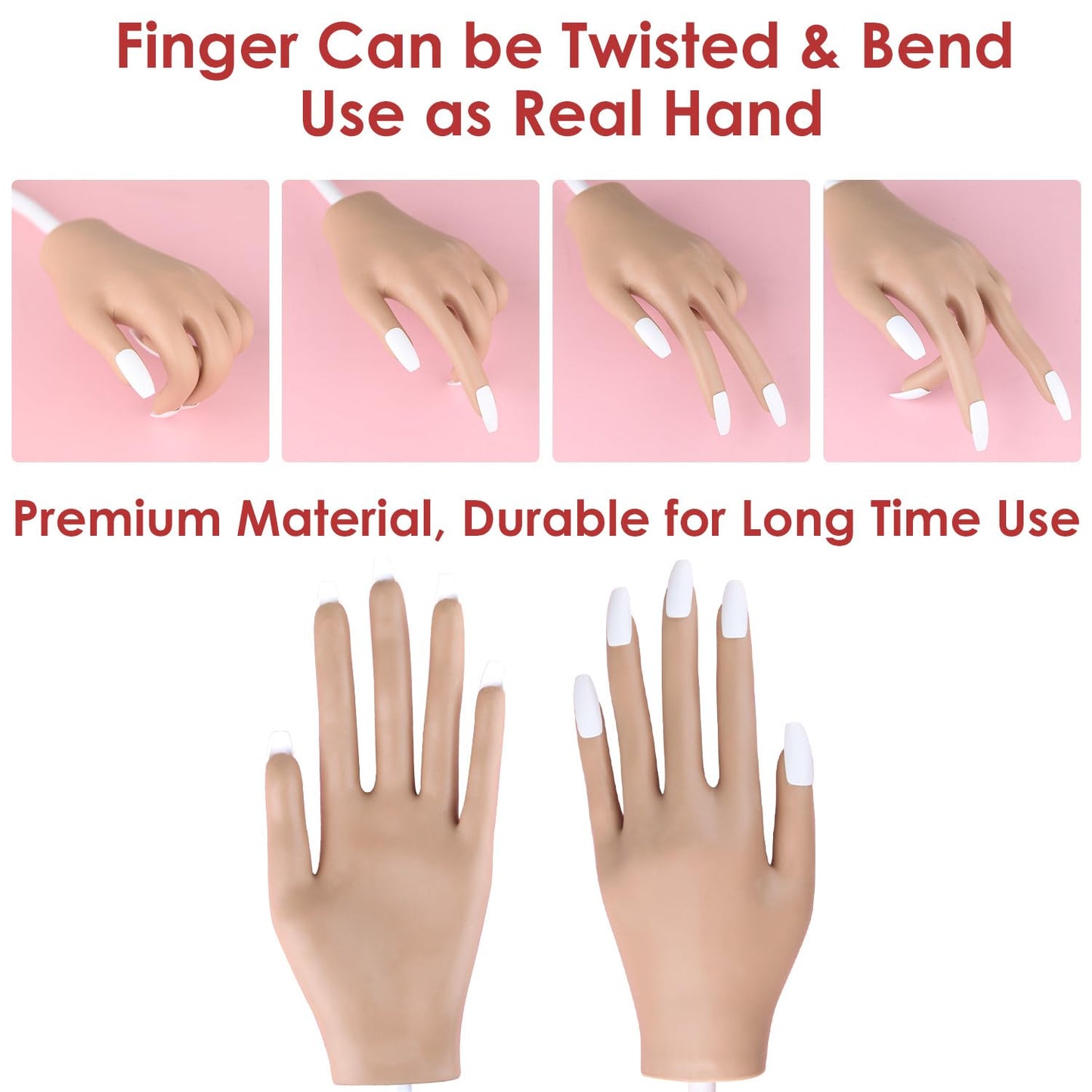 Acrylic Practice Hand Fake Nails Kit, BORNBYME Upgrade Nail Training Adjustable Finger Kits, Fake Nails Hands for Nail Beginner Practice with 200 PCS Nail Tips, White