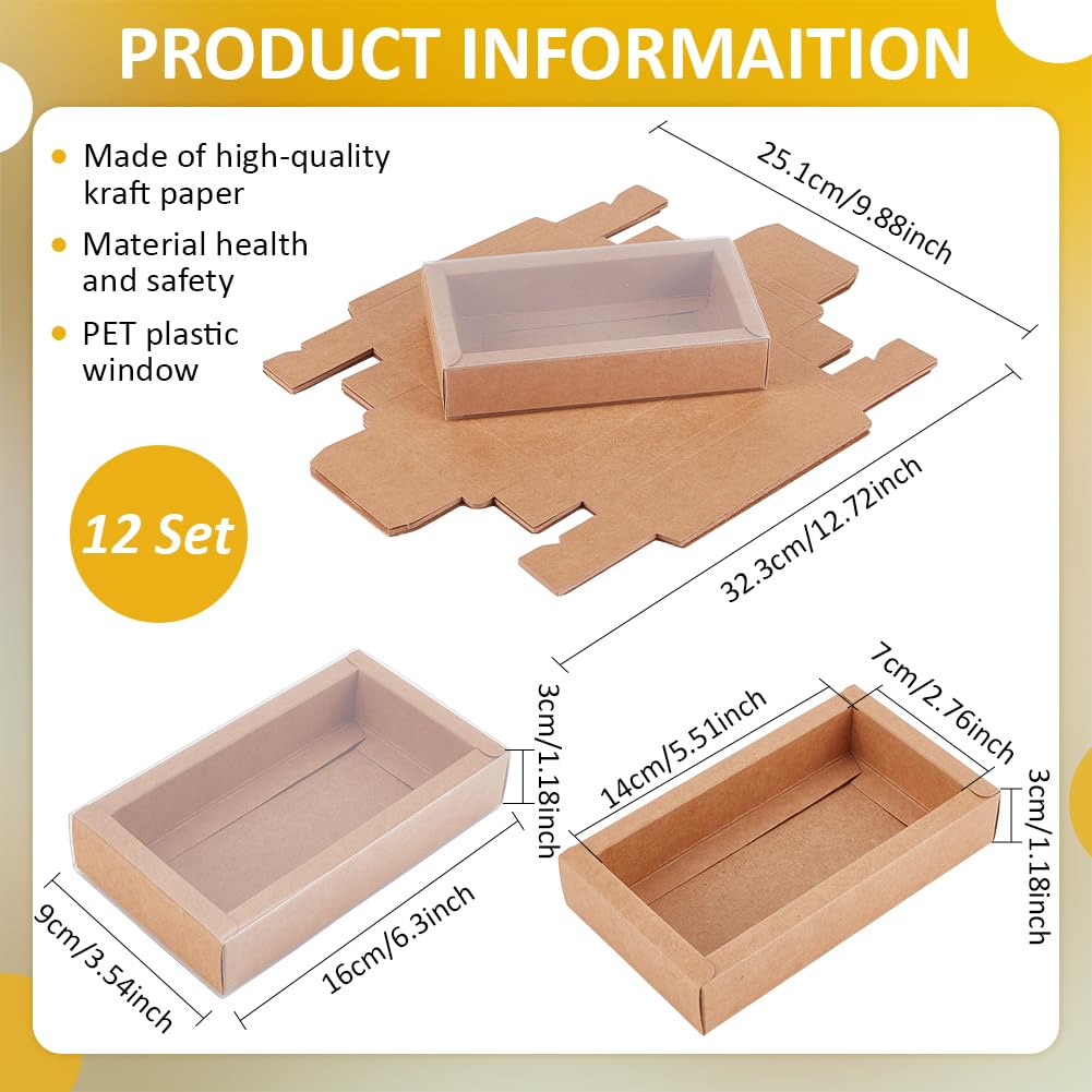 BENECREAT 12PCS Brown Kraft Gift Drawer Box, Plastic Lidded Gift Drawer Box with PVC Clear Window for Jewellery & Candy Gift Wrapping Party Favours, 5.5x2.76x1.18 Inch