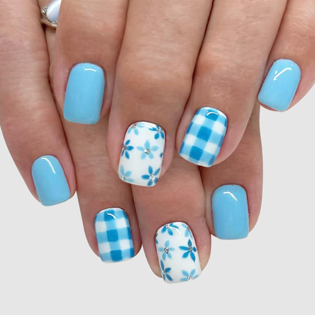 Blue Press on Nails Short Square Fake Nails Spring Summer Nails Press ons with Blue Flower & Plaid Design Full Cover Stick on Nails for Women Manicure,Artificial | Reusable | Easy Apply | 24Pcs