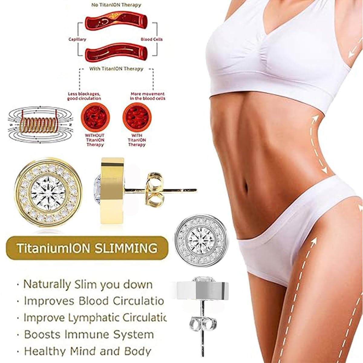 Lymphatic Magnetology Earrings For Women, Halolux Lymphvity Germanium Drainage Therapy Infrared Bead Negative Ion Lymph Detox Earring Stud Earrings Round Rhinestone Jewelry Gift (gold&silver)