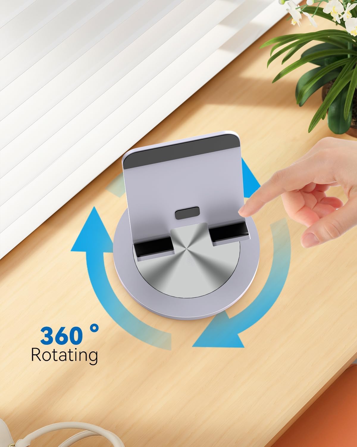 360 Rotating Phone Stand for Desk, Dual-Adjustable Foldable Aluminum Desktop Phone Holder Compatible with iPhone 16 15 14 13 12 11 Series, iPad-Mini, 4-8" All Phones (Grey)