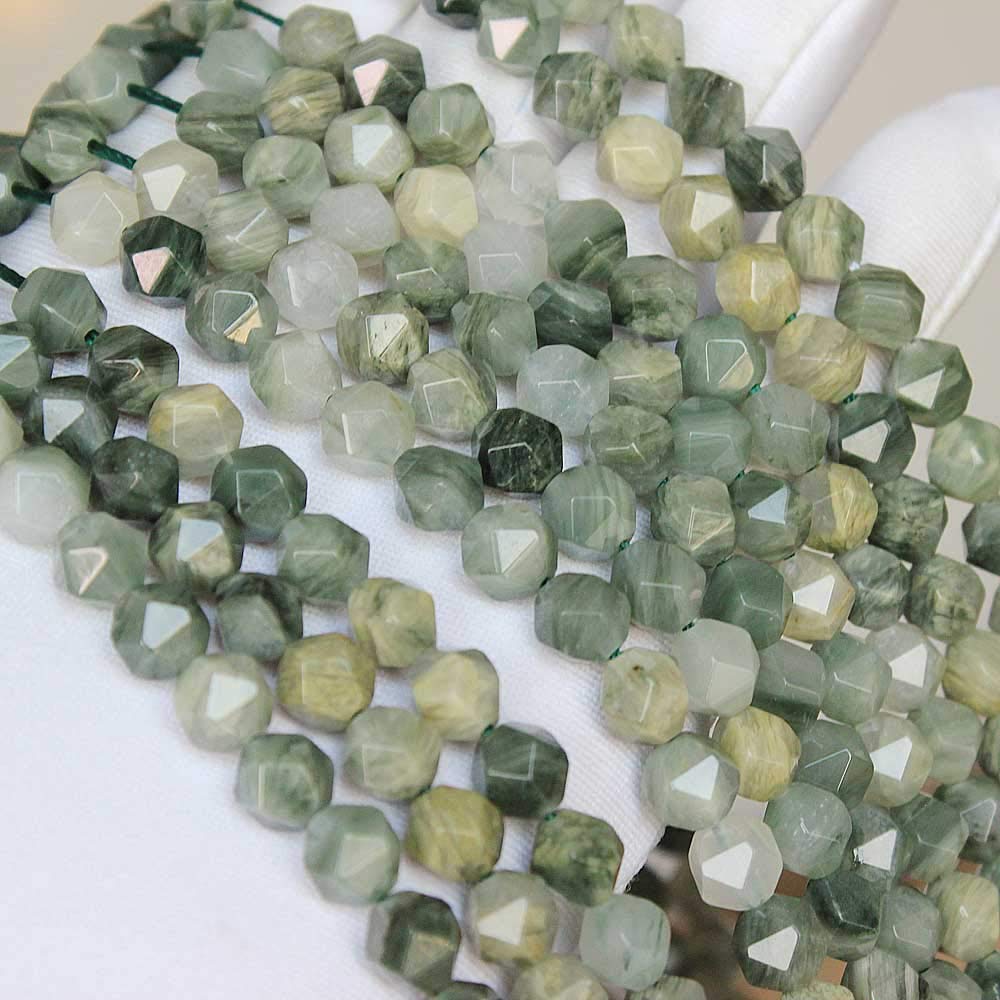 MJDCB Best Sellers Natural Stone Beads Faceted Polygon Grass Green Jade Crystal Energy Stone Healing Power for Jewelry Making(8mm)