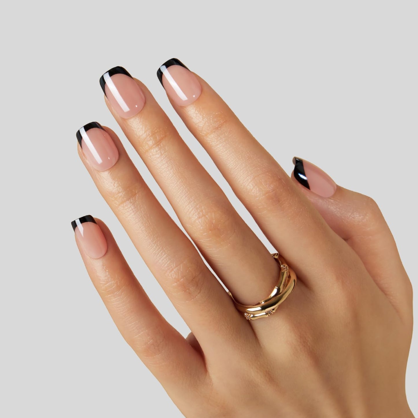 LAMIMOSA 32Pcs Black French Tip Press on Nails Short Square - Soft Gel Fake Nails in 16 Sizes, Reusable Glue on Nails Kit in Glazed Finish, Chrome False Nails, CAVIAR GLAZE