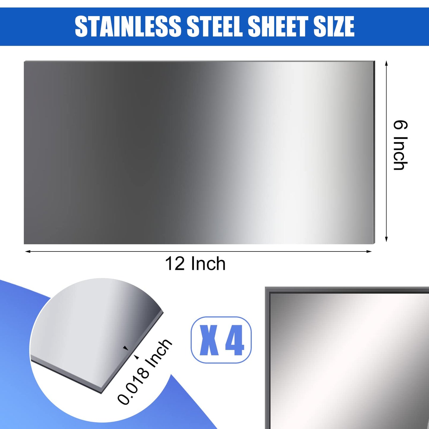 Funrous 4 Pcs 304 Stainless Steel Sheet,12 x 6 x 0.018 Inch Metal Sheet for Crafting, Not Magnetic Flat Sheets of Metal for Kitchen DIY Craft Making