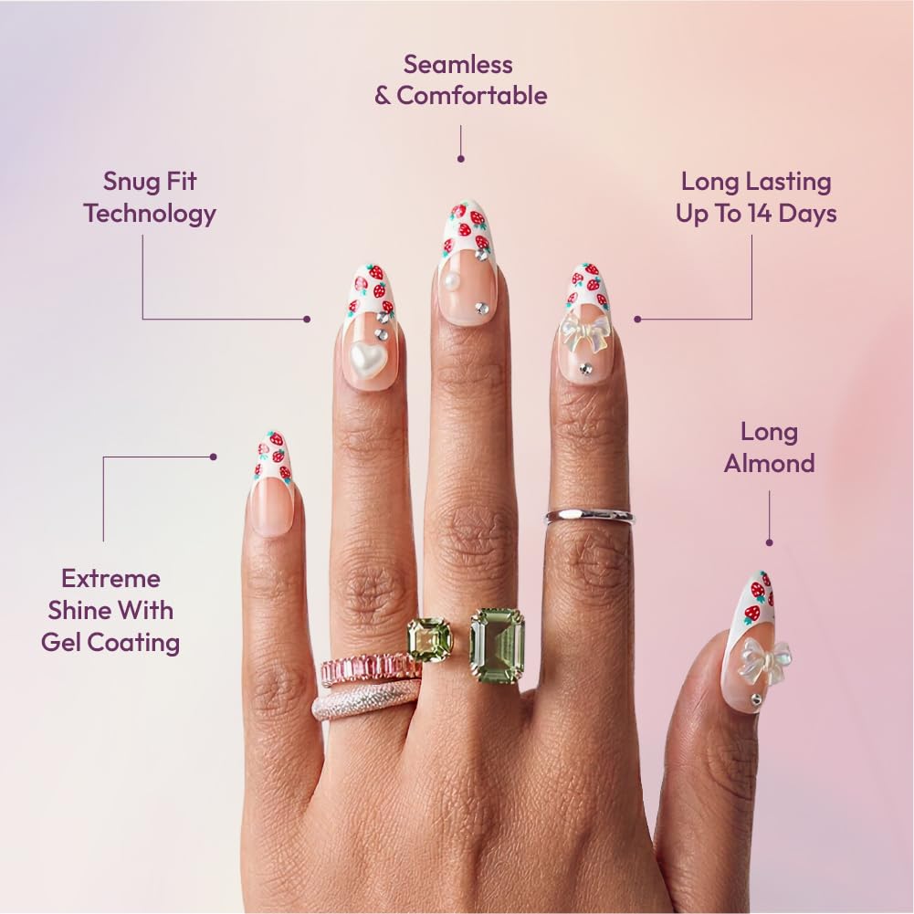 Glitzy 3D Handmade Press On Nail Kit, Rhinestone Strawberry French Tip Long Almond False Nail, Reusable & Lasts Up To 2 Weeks, Seamless Snug Fit Technology, Includes Glue, File & 28Pcs Manicure Set