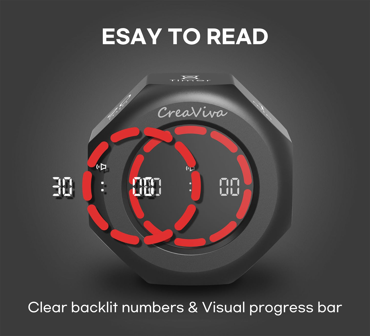 CREAVIVA Flip Cube Pomodoro Timer - Rechargeable Visual Countdown & Count Up Stopwatch, 7 Preset Intervals, 3 Alarm Modes, Productivity Tool for ADHD, Kids, Study, Work & Kitchen (Gray)