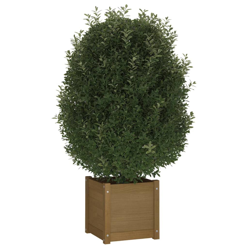 VGLQNRPT Square Wood Garden Planter, 15.7 inch Solid Pine Flower Pot Box for Indoor Outdoor Patio Balcony Backyard Decor, Honey Brown Stained Finish