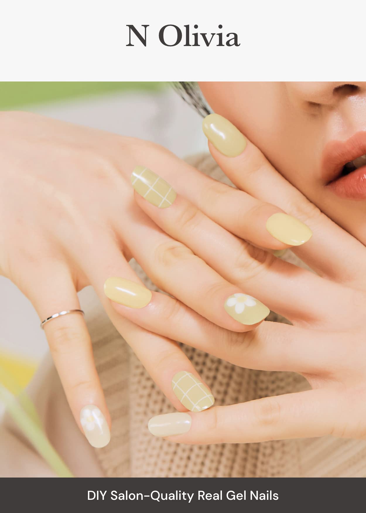 ohora Semi Cured Gel Nail Strips (N Olivia) - Green, Patterned, Works with Any UV/LED Lamps, Salon-Quality, Long Lasting, Easy to Apply & Remove