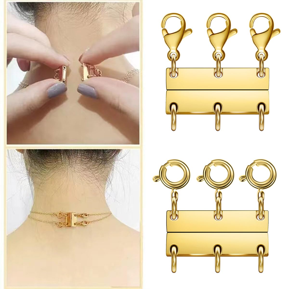 Layering Magnetic Necklace Clasps, Multiple Necklace Clasp,Necklace Clasps for Layered Look，Stainless Steel Chain Link Clasps for Necklaces and Bracelets, Silver, Gold (3 Golden B)