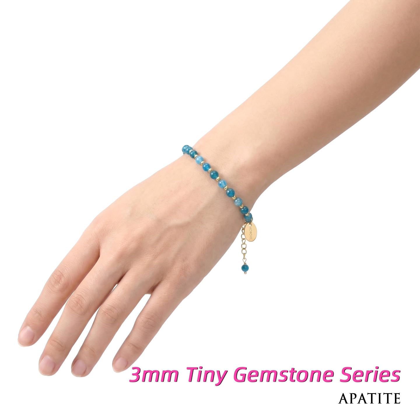Morchic 3mm Blue Apatite Natural Gemstone Beaded Bracelet for Women, Dainty Charm Tiny Jewelry, Adjustable 7.1-8.6", Ideal Birthday Holiday Gift