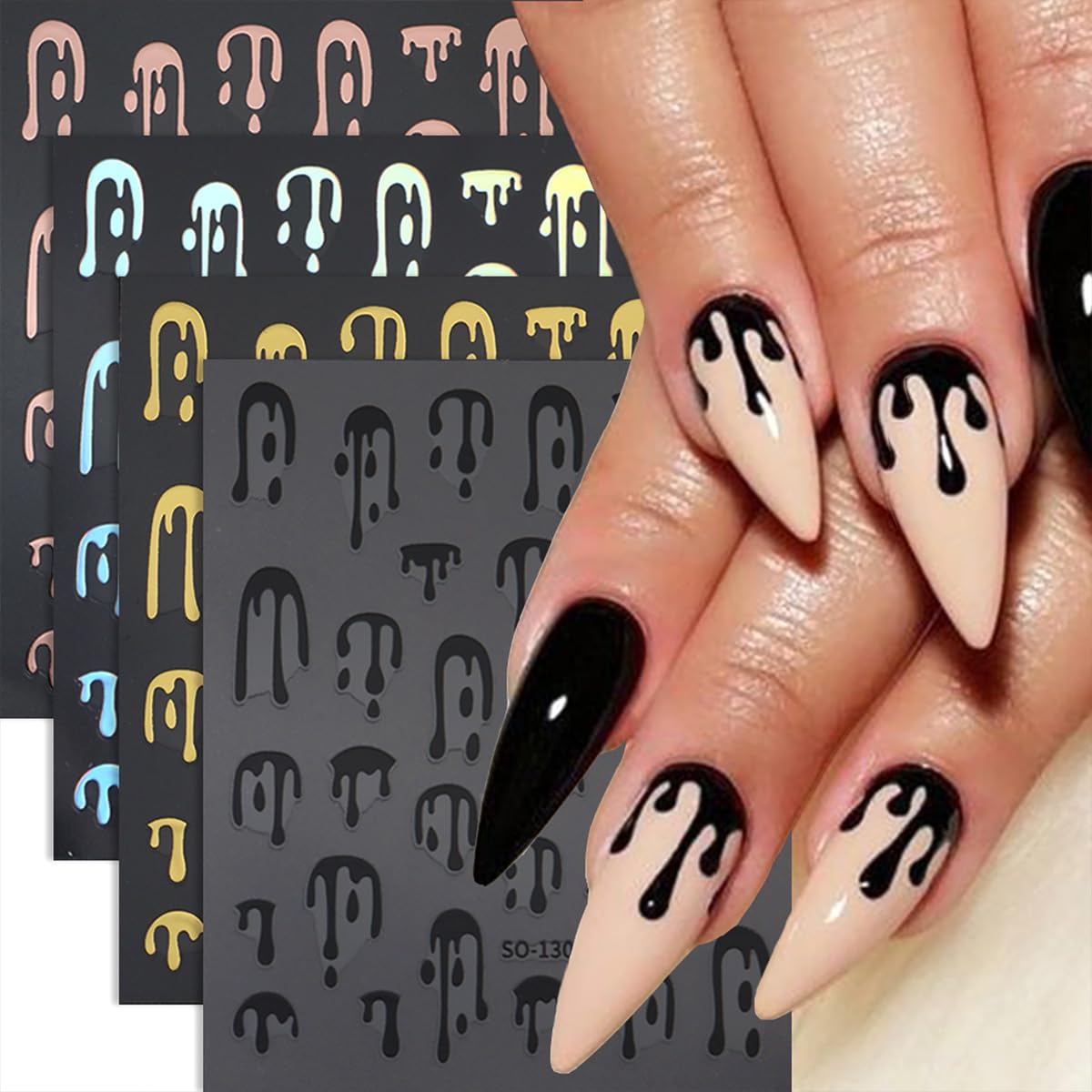 8 Sheets Halloween Nail Stickers for Nail Art Black Pink Laser Gold Nail Decals 3D Self-Adhesive Blood Nail Design Stickers Goth Nails Supply Halloween Nail Art Decoration for Women Manicure Tips