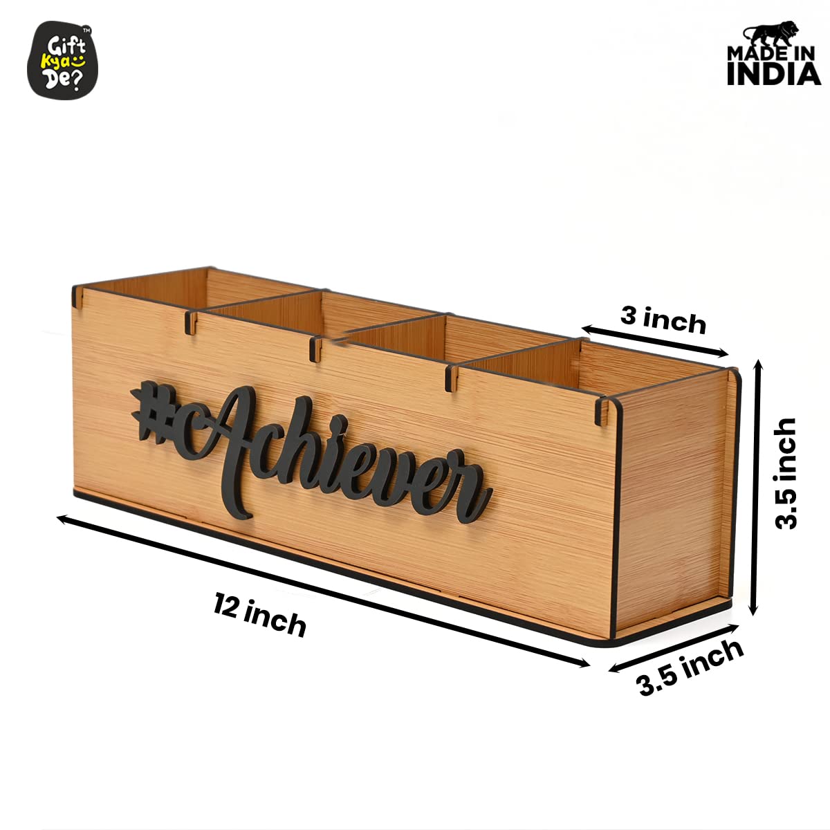 GKD Multifunctional Office Supplies Desk Organiser, 4 Compartment, Table Stationery Office Organizer, Motivational Gift for any Special Day, For Achiever (Bamboo)