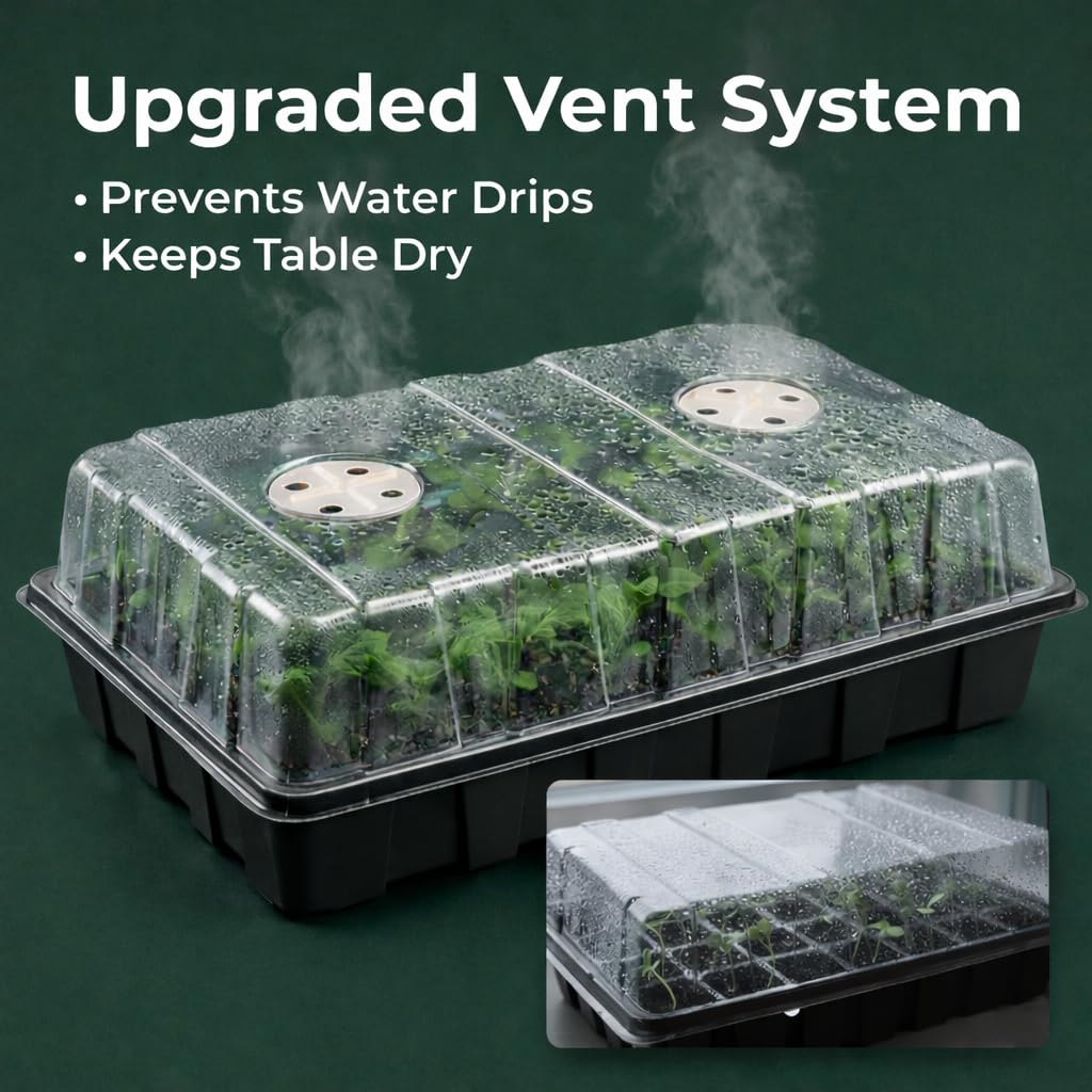 Gardzen 5-Set Seed Starter Tray Kits, Durable Plant Germination Trays with Humidity Vented Domes and Bases, Ideal for Seed Starting, Indoor Gardening, and Greenhouse (Total 200 Cells)