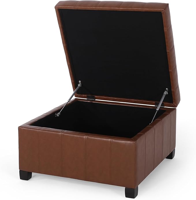 Christopher Knight Home Faux Leather Storage Ottoman Square Ottoman End of Bed Ottoman Cube for Bedroom Entryway Foot Rest Stool with Hinged Lid 30.25" x 30.25" x 18", Brown