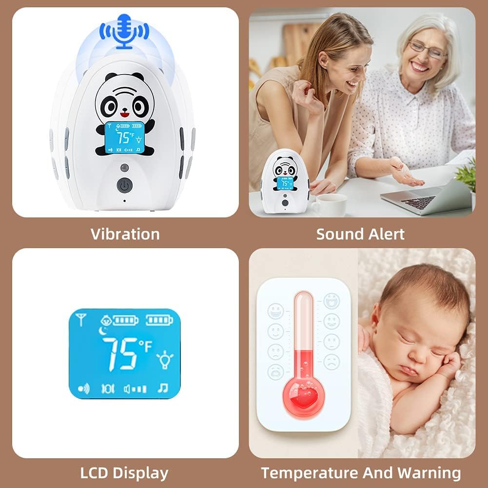 Audio Baby Monitor TimeFlys Mustang Panda, Both Unit Portable, Talk Back Intercom, Long Range up to 1000 ft, Temperature Monitoring and Warning, Lullabies, Vibration, LCD Display, Night Light