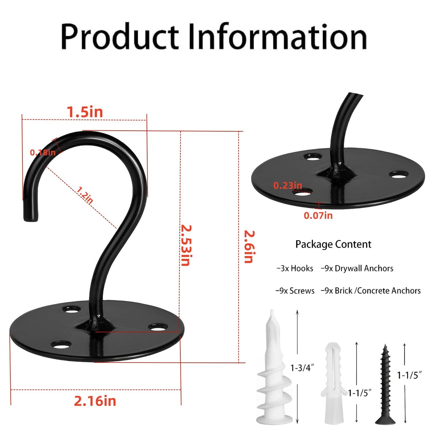 LangPu Ceiling Hooks for Hanging Plants-Heavy Duty Wall Mount Hanger Bracket for Hanging Bird Feeders, Lanterns, Wind Chimes, Planters, Outdoor Decoration (3 Pack) (Black)