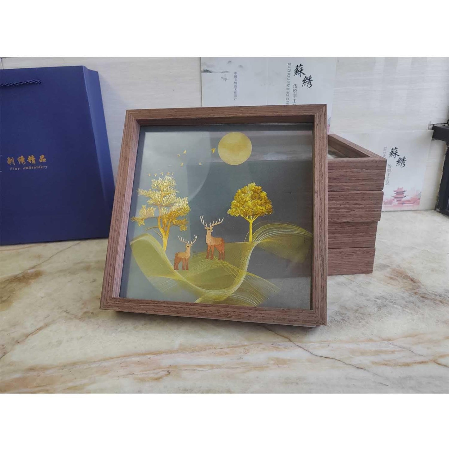 ozlvii Double-Sided Auspicious Deer Embroidery Art - Handcrafted Silk Embroidery with Display Stand, Symbol of Prosperity Home Decor, Oriental Blessing Gift for Good Fortune