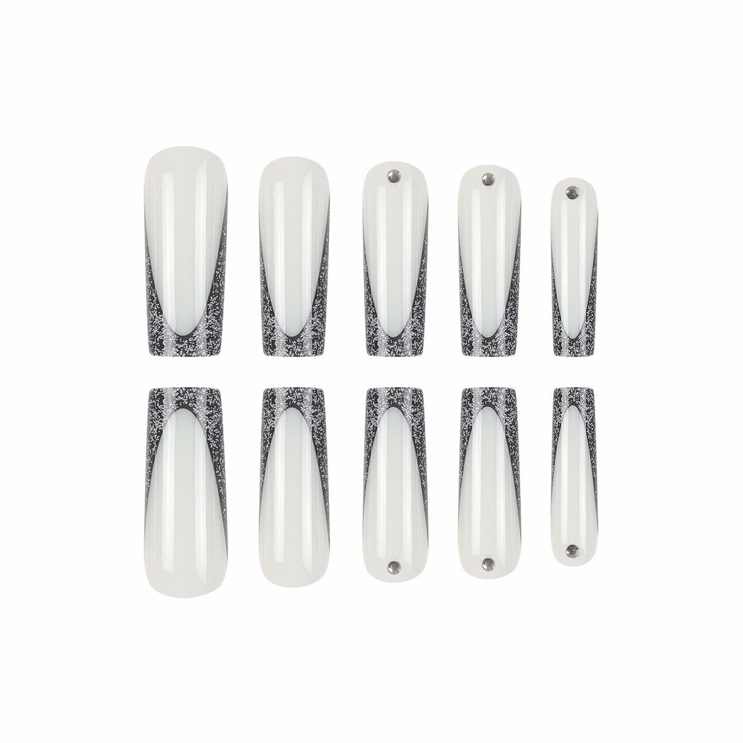 MISUD Press on Nails - Long Square Fake Nails with Black French Tip, Acrylic Bling Glitter Design 24 pcs