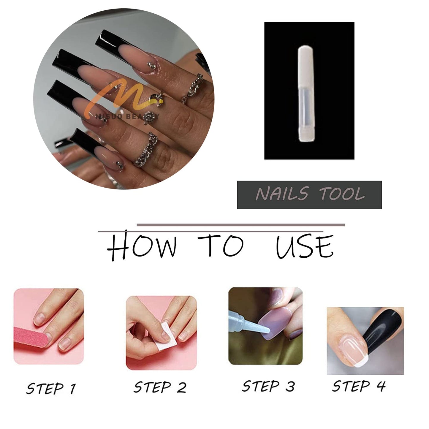 MISUD Press on Nails - Long Coffin Fake Nails with Black French Tip, Acrylic Rhinestone Design 24 pcs