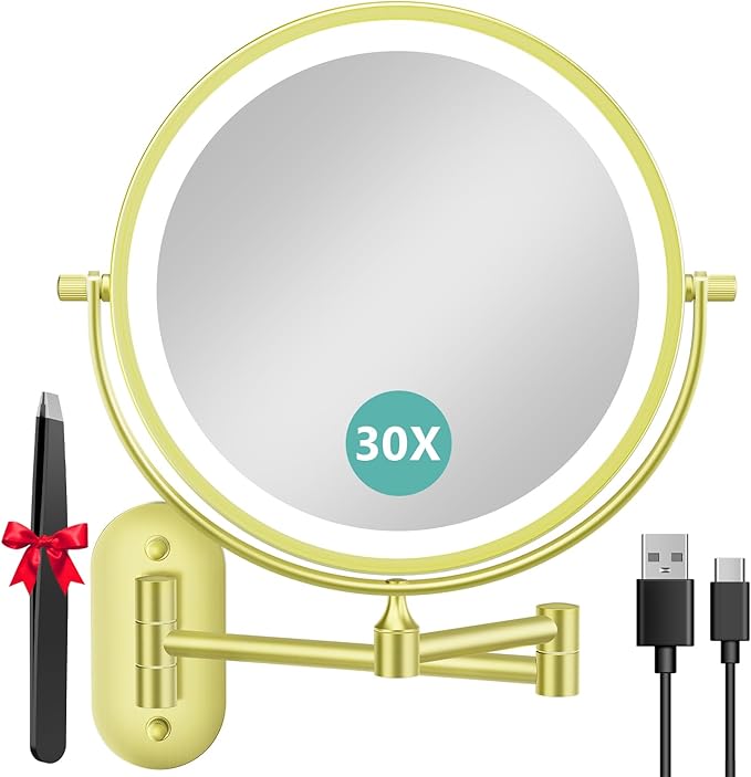 Auxmir 1X/30X Wall Mounted Makeup Mirror with Light, 8" Rechargeable Double-Sided Magnifying Mirror, Vanity Mirror Dimmable 3 Color Light, 360° Extension Rotation Foldable 14.5 Inch Arm, Gold